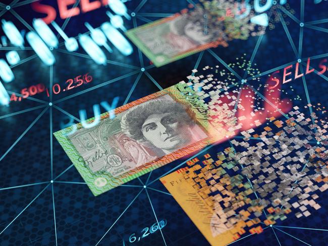 Digital Australian Dollars Cryptocurrency or Money Transfer Concepts; Exchange traded funds, ETF generic Australian money volatile investing
