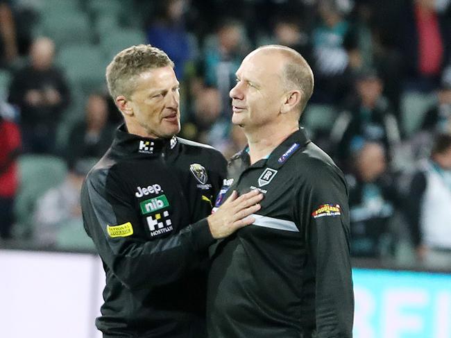 AFL - Friday, 16th October, 2020 - Preliminary Final - Port Adelaide v Richmond at the Adelaide Oval. Richmond coach Damien Hardwick and Port Adelaide coach Ken Hinkley after the match Picture: Sarah Reed