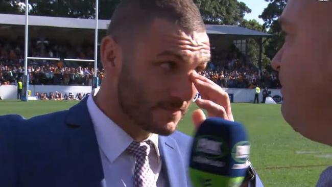 A teary Robbie Farah is interviewed at his Leichhardt Oval farewell.