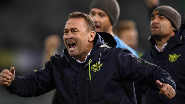 Raiders coach Ricky Stuart finally celebrates a tight win.