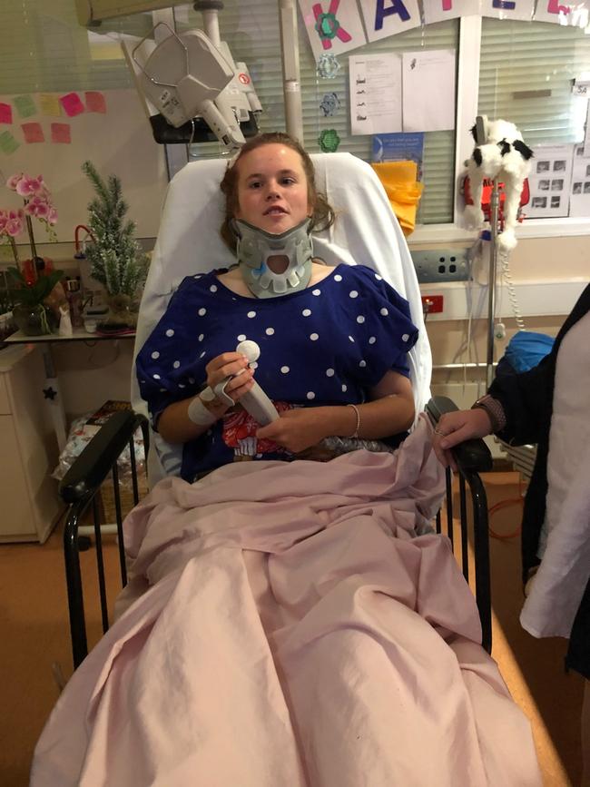 Katelin Gunn, from a farm near Streaky Bay, recovers from a car accident in the Women’s and Children’s Hospital. Picture: Supplied by the Gunn family