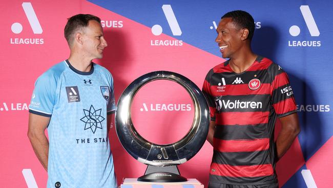 Sydney FC’ skipper Alex Wilkinson (left) and Western Sydney captain Marcelo will go head-to-head in an A-League elimination final on Saturday night. Picture: Mark Metcalfe/Getty Images