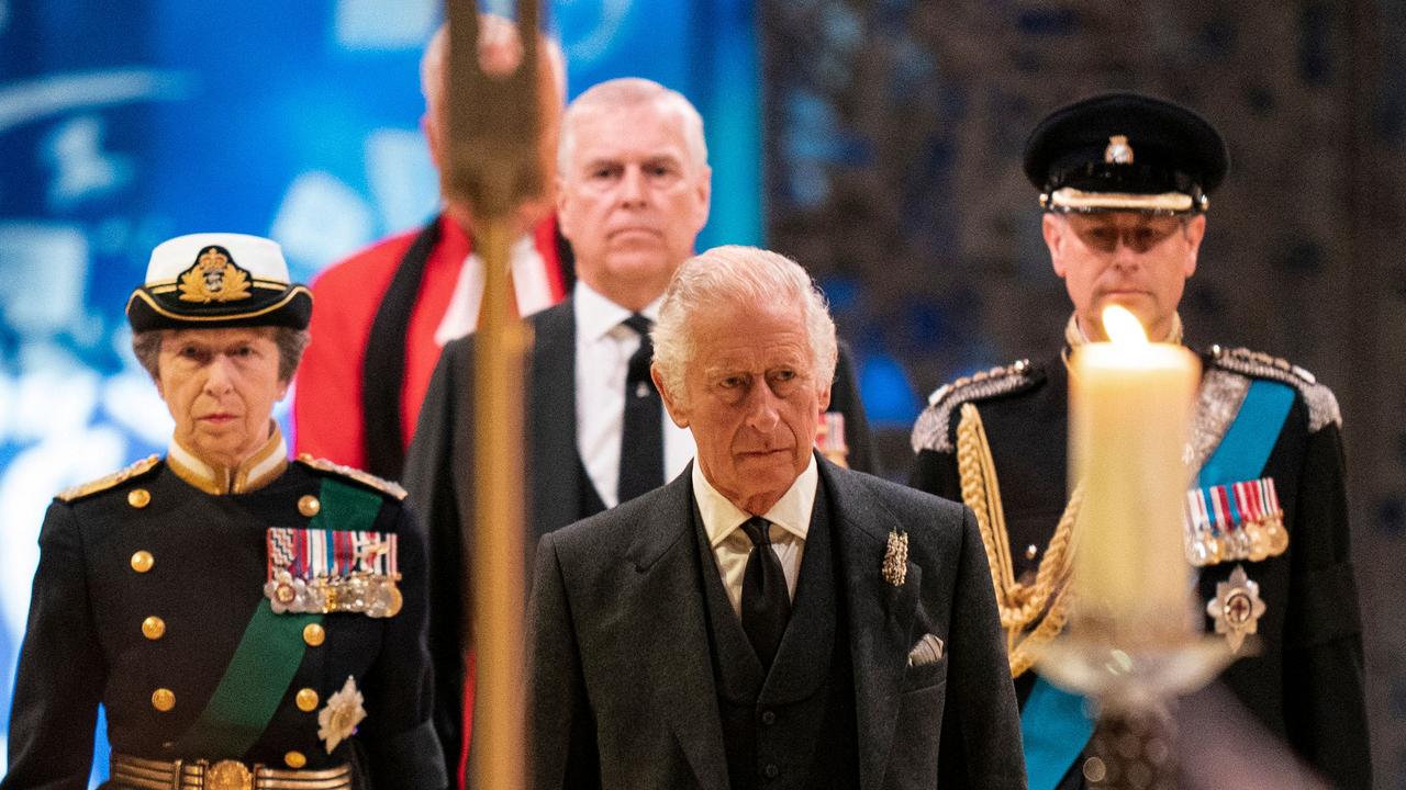 King Charles III (front C), Princess Anne, Princess Royal (L), Prince Andrew, Duke of York (rear C) and Prince Edward, Earl of Wessex (R), arrive to attend the vigil. Picture: POOL / AFP