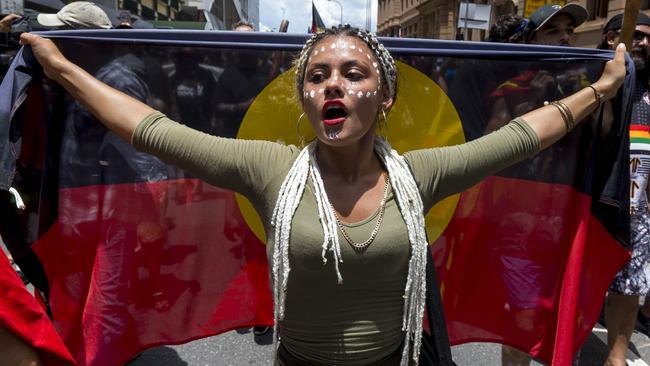 Protesters participate in the Brisbane 2018 Invasion Day March. Picture: AAP.