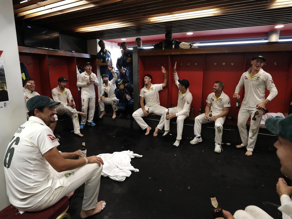 MANCHESTER, ENGLAND - SEPTEMBER 08: The Australian Cricket Team celebrate in the change rooms after Australia claimed victory to retain the Ashes during day five of the 4th Specsavers Test between England and Australia at Old Trafford on September 08, 2019 in Manchester, England. (Photo by Ryan Pierse/Getty Images)