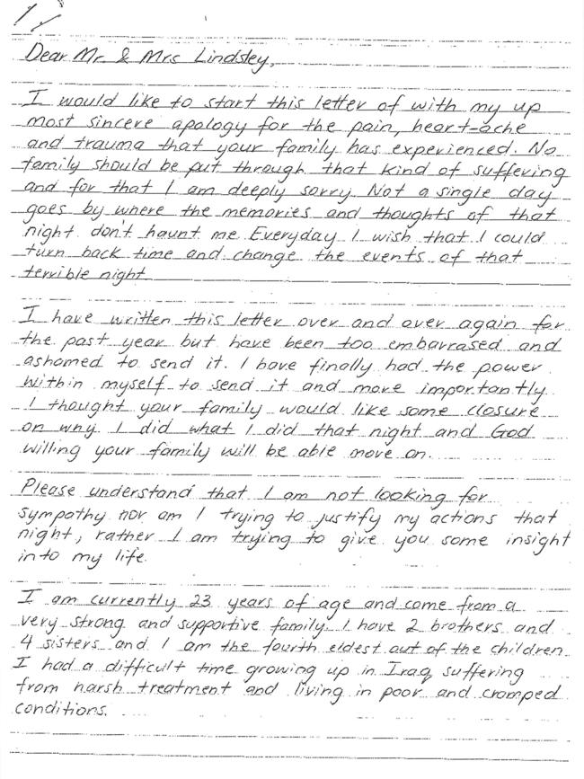 Ali Joubouri’s letter to Mr &amp; Mrs Lindsley, page 1