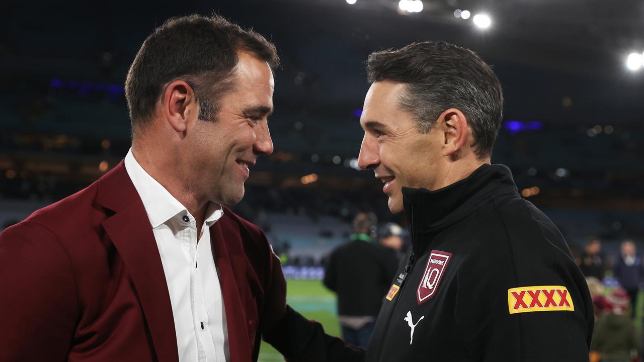 SYDNEY, AUSTRALIA - JUNE 08: Cameron Smith (L) and Maroons head coach Billy Slater (R) celebrate victory after game one of the 2022 State of Origin series between the New South Wales Blues and the Queensland Maroons at Accor Stadium on June 08, 2022, in Sydney, Australia. (Photo by Mark Kolbe/Getty Images)