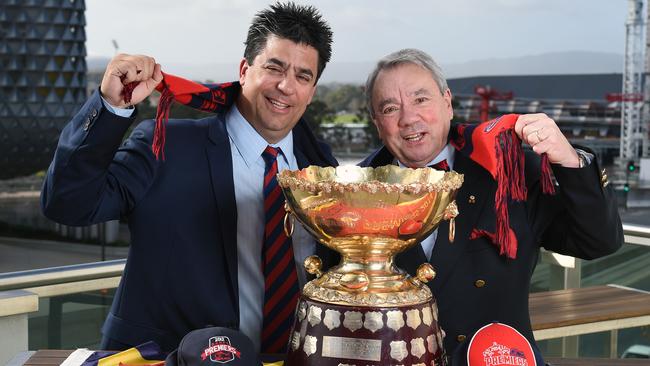 Norwood Football Club president Paul Di Iulio with SA winemaking great Wolf Blass in 2015. Picture: Tom Huntley