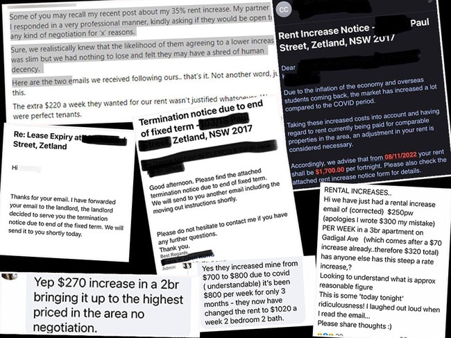 Excerpts from Facebook entries in a Zetland group detailing locals' experiences with rent increases. Pictures: Facebook