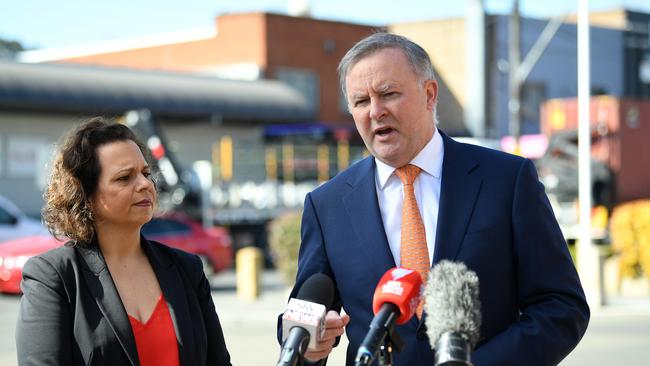 Federal Opposition Leader Anthony Albanese and Member for Greenway Michelle Rowland call for more infrastruture funding for Western Sydney. Picture: Joel Carrett