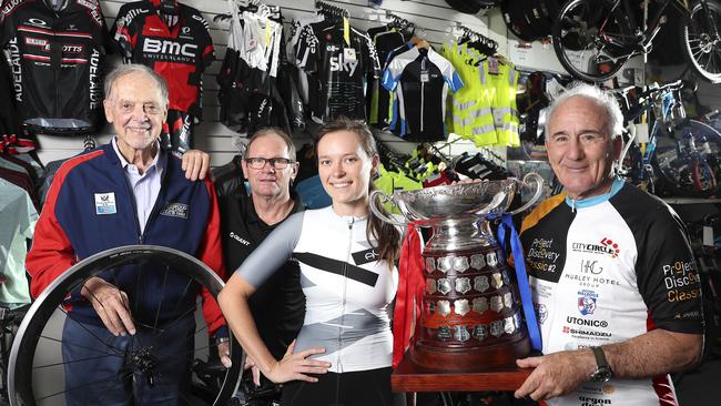 The 100th edition of the Port Noarlunga bike race is according to the UCI the longest consecutive running event in cycling. Race director Barry Skinner with Alan Gill, Jo Easson and cycling legend Charlie Walsh. Picture Sarah Reed