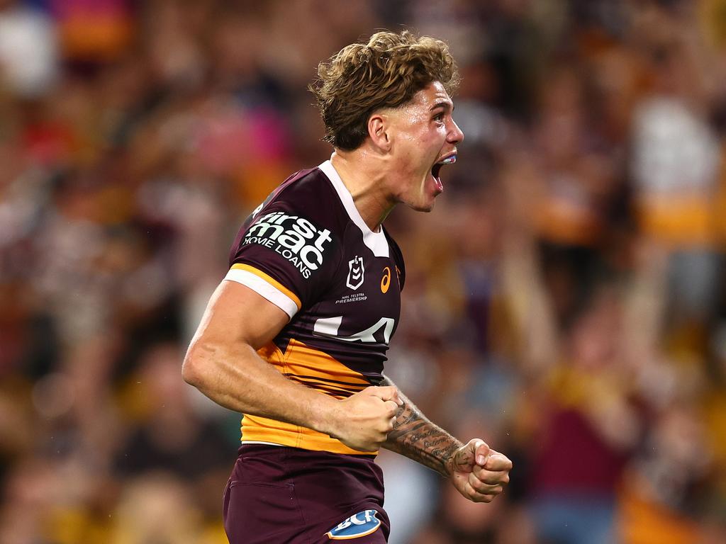 BRISBANE, AUSTRALIA – MARCH 14: Reece Walsh of the Broncos celebrates a try during the round two NRL match between Brisbane Broncos and South Sydney Rabbitohs at Suncorp Stadium, on March 14, 2024, in Brisbane, Australia. (Photo by Chris Hyde/Getty Images)