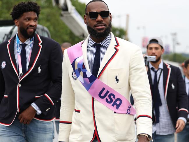 PARIS, FRANCE - JULY 26: Lebron James, Flagbearer of Team United States, looks on prior to the opening ceremony of the Olympic Games Paris 2024 on July 26, 2024 in Paris, France. (Photo by Quinn Rooney/Getty Images)