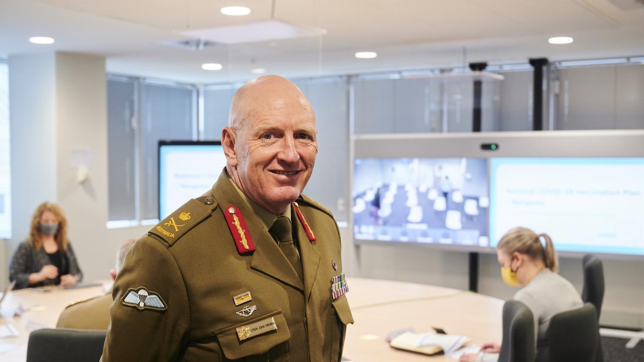 Lieutenant General John Frewen speaks during a zoom meeting with state premiers and chief ministers at Scarborough House in Canberra, Australia. Picture: Getty