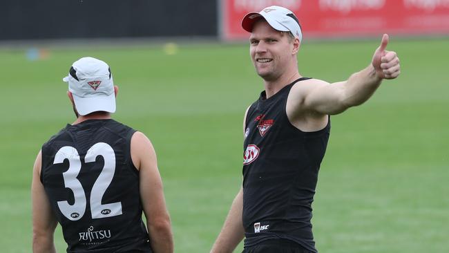 Ex Bulldogs player, Jake Stringer (R) at Essendon AFL training in Melbourne, Monday, November 27. 2017. It is Essendon's first training sessions along with their new recruits for the 2018 season.(AAP Image/David Crosling) NO ARCHIVING