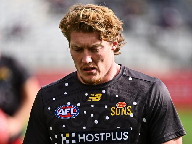 PERTH, AUSTRALIA - JUNE 23: Matt Rowell of the Suns warms up during the 2024 AFL Round 15 match between the Fremantle Dockers and the Gold Coast SUNS  at Optus Stadium on June 23, 2024 in Perth, Australia. (Photo by Daniel Carson/AFL Photos via Getty Images)