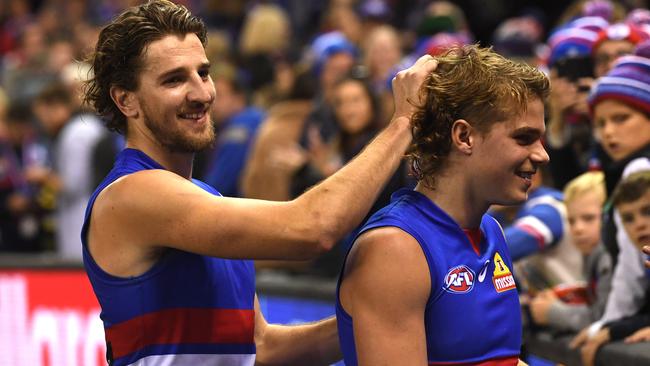 Marcus Bontempelli and Bailey Smith during a Bulldogs match in Round 7, 2019. He says Smith’s professionalism was incredible when he first arrived at the club.