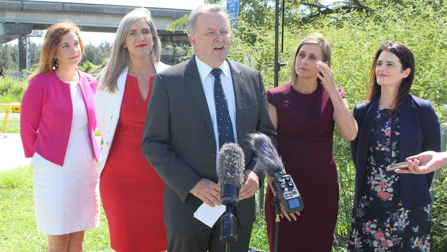 Shadow Minister for Infrastructure, Transport, Cities and Regional Development Anthony Albanese (centre) with Labor candidate for Lilley Anika Wells, Labor candidate for Petrie Corinne Mulholland, Member for Longman Susan Lamb and Labor candidate for Dickson Ali France at a media conference at Bald Hills on April 5. Picture: Michelle Smith