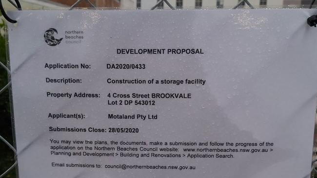 The development proposal notice from Northern Beaches Council on the fence around the Rent a Space site at Brookvale. Picture: Supplied