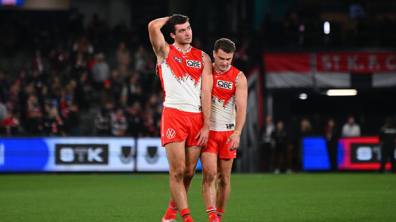 MELBOURNE, AUSTRALIA - JULY 07: Logan McDonald and Tom Papley of the Swans react following the round 17 AFL match between St Kilda Saints and Sydney Swans at Marvel Stadium, on July 07, 2024, in Melbourne, Australia. (Photo by Morgan Hancock/AFL Photos/via Getty Images)