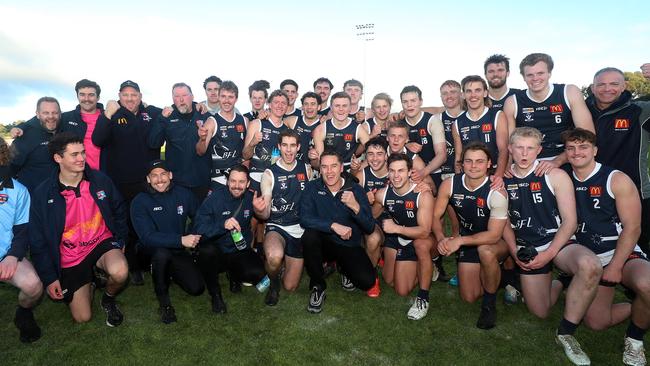 Ballarat celebrate their win in the interleague against Hampden. Picture Yuri Kouzmin