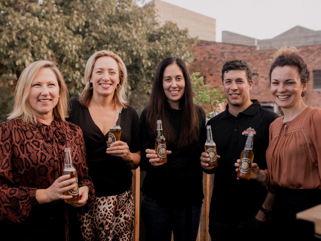 Christie Sweeting, of Hobart, left, Sherene Somerville, of Hobart, Naomi Gavan, of Sydney, Serge Costi, of Sydney, and Felicity Williams, of Hobart, at the the relaunch of Boag’s St George beer. Picture: ROSIE HASTIE