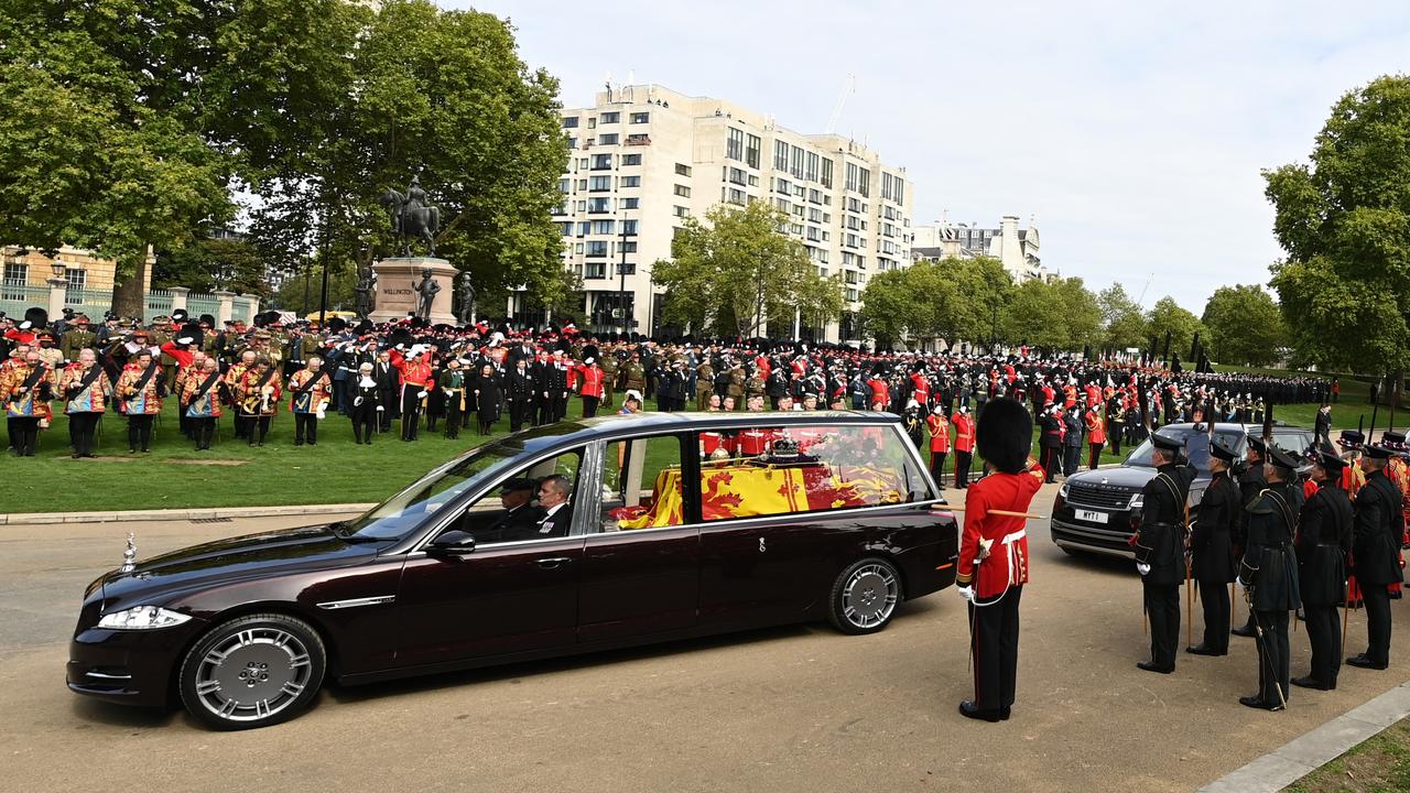 The Royal Hearse carrying the coffin of Queen Elizabeth II at Wellington Arch on way to Windsor.