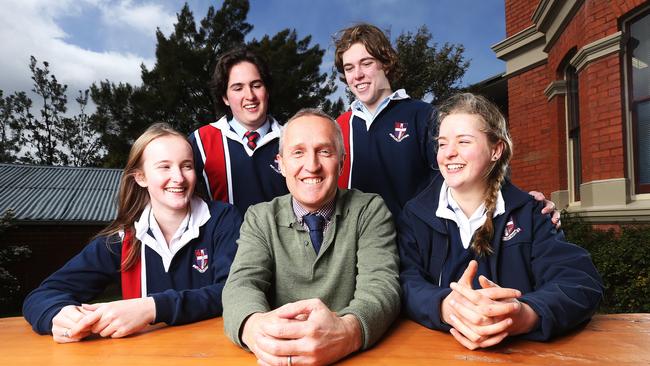 The Friends’ School director of teaching and learning Steve Barratt with grade 12 students, from left, Meg Pointon, 17, Theo Ellingsen, 17, Sam Gowans, 18, and and Charlie Potter, 18. Picture: ZAK SIMMONDS