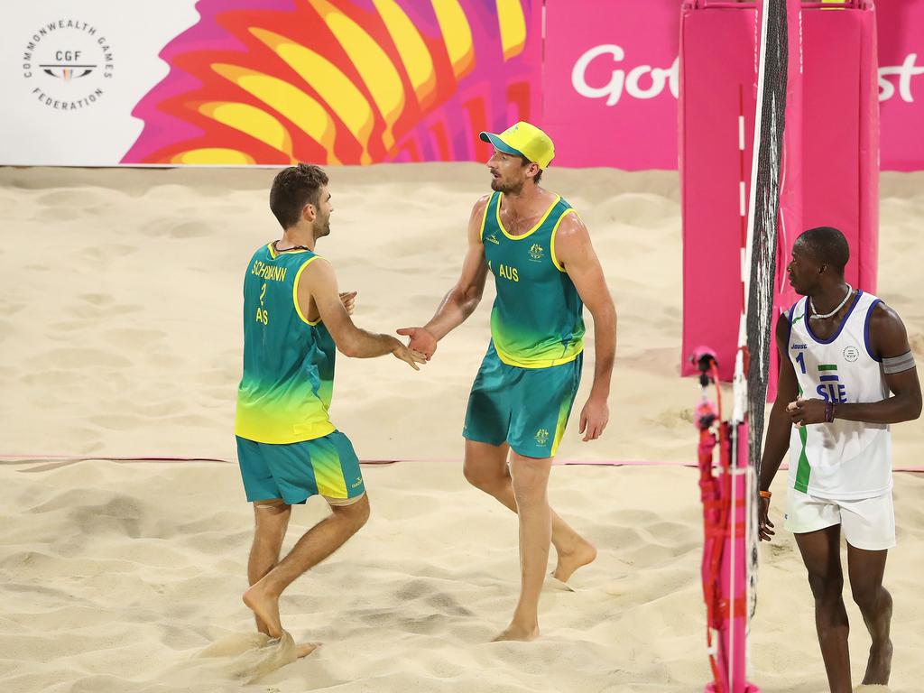 Chris McHugh and Damien Schumann of Australia celebrate winning their quarter-final against Sierra Leone. Picture: Scott Barbour/Getty Images