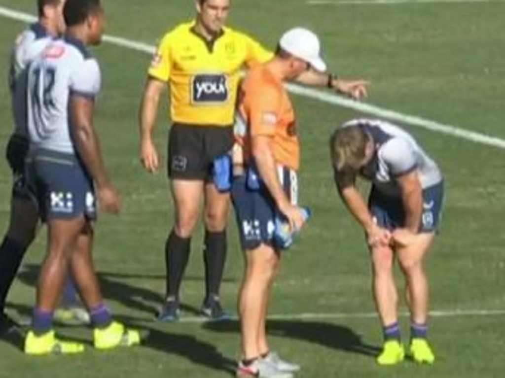 Harry Grant injured in Storm vs Knights trial match.