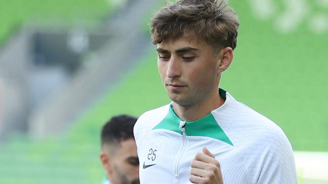 MELBOURNE, AUSTRALIA - NOVEMBER 13: Hayden Matthews of the Socceroos during a Socceroos training session at AAMI Park on November 13, 2024 in Melbourne, Australia. (Photo by Robert Cianflone/Getty Images)