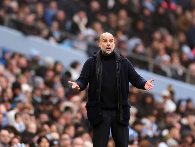 Pep Guardiola reacts during his sides latest horror result. Picture: Getty