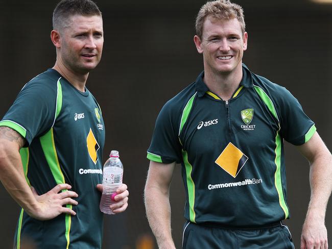 Michael Clarke with acting captain George Bailey during the Australian ODI squad’s first training session at the SCG. Pic. Phil Hillyard