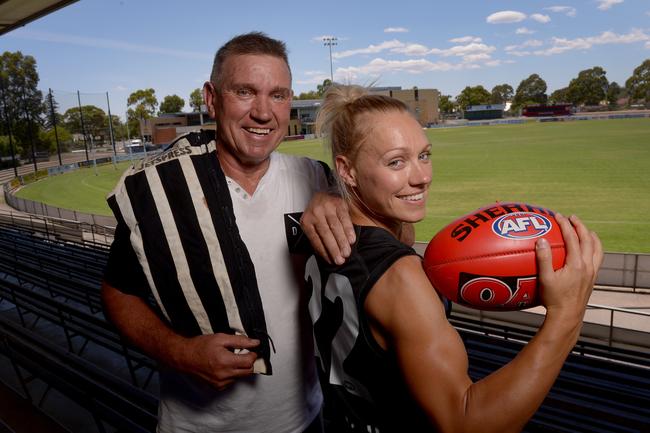 The announcement of Erin Phillips’ commitment to a Port Adelaide Women's Football Team in 2015. Erin with her dad, Greg. Picture: Keryn Stevens