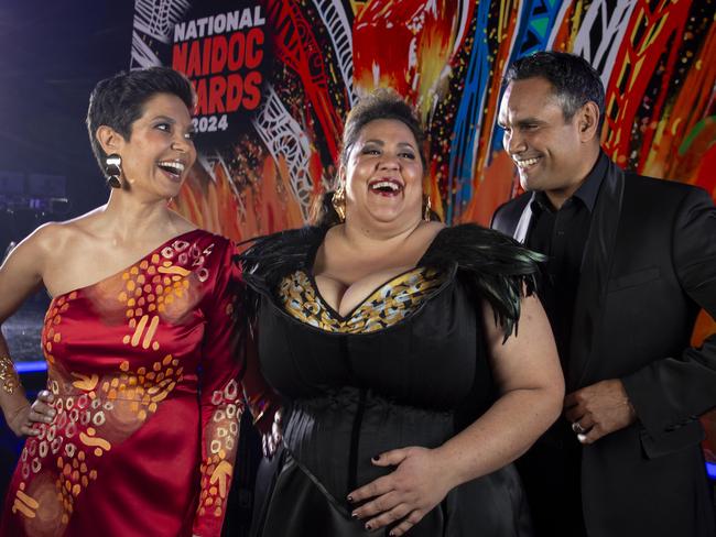 TV presenter Narelda Jacobs, comedian Steph Tisdell and actor Rob Collins, the three hosts set to emcee the First Nations night of nights in Adelaide on Saturday, at the national NAIDOC Awards Ceremony.5th July 2024. Picture: Brett Hartwig