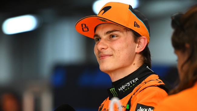 Sprint Pole qualifier Oscar Piastri of Australia and McLaren talks to the media in the Paddock after Sprint Qualifying ahead of the F1 Grand Prix of Brazil at Autodromo Jose Carlos Pace on November 01, 2024 in Sao Paulo, Brazil. (Photo by Rudy Carezzevoli/Getty Images)