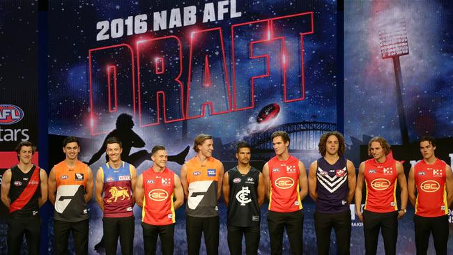 The top 10 from the 2016 draft (from left): Andy McGrath, Tim Taranto, Hugh McCluggage, Ben Ainsworth, Will Setterfield, Sam Petrevski-Seton, Jack Scrimshaw, Griffin Logue, Will Brodie and Jack Bowes were selected at the top of the 2016 AFL draft. Picture: Jonathan Ng