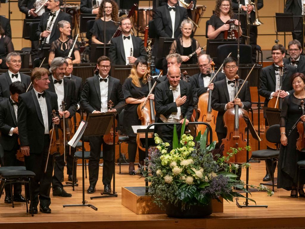 The Queensland Symphony Orchestra and conductor Johannes Fritzsch take a bow after the orchestra's much anticipated return to QPAC's Concert Hall with two performances of its final Maestro concert for 2020, Beethoven 5, marking the 250th anniversary of the legendary composer's birth. Picture: Peter Wallis, Socials: Damien Anthony Rossi