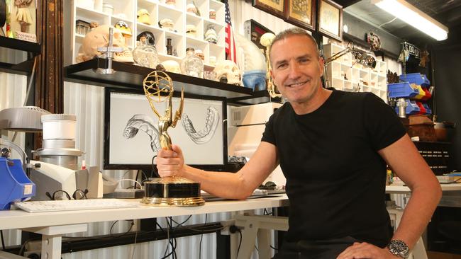 Jac Charlton in Stingray Sushi Studios in Labrador with his Emmy award. Picture: Glenn Hampson