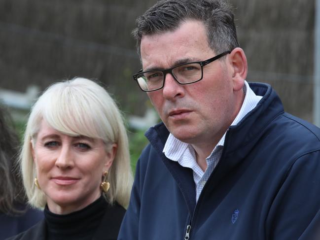 MELBOURNE, AUSTRALIA - NewsWire Photos, NOVEMBER 4, 2022. Victorian Premier, Daniel Andrews pictured with his wife Catherine, and the Minister for Environment and Climate Action, Lily DÃAmbroio, make an announcement at Pawfield Park Fenced Dog Park in Melbourne. Picture: NCA NewsWire / David Crosling