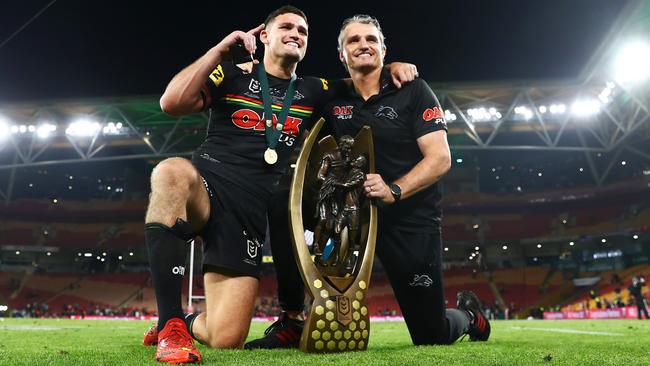 Nathan Cleary with his father after they claimed 2021 NRL title. Picture: Chris Hyde/Getty Images