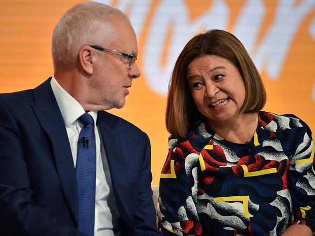 Former ABC Chairman Justin Milne (left) and former Managing Director Michelle Guthrie during the ABC Annual Public Meeting in Ultimo, Sydney, in February. Picture: AAP