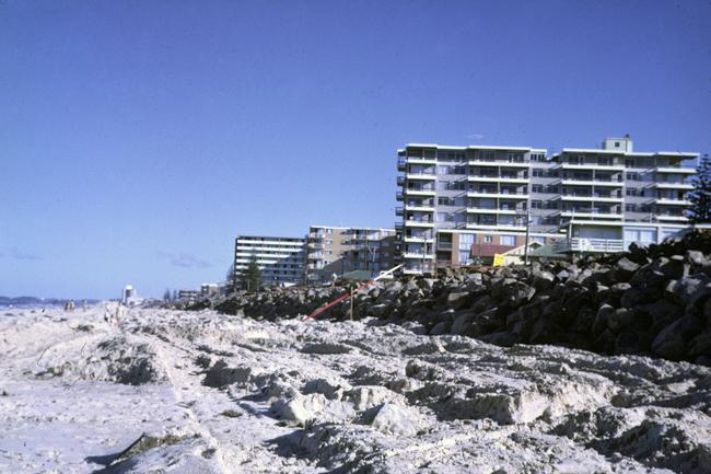 Work on reclamation and retaining Surfers Paradise Beach, Queensland after severe erosion in 1967. Picture: Colin Garrett. Source: Gold Coast Libraries Local Studies Collection.