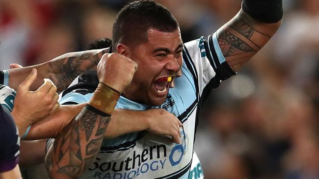 Andrew Fifita of the Sharks scores the winning try.