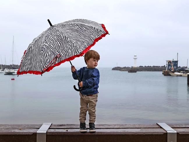 WEEKEND TELEGRAPHS SPECIAL - 26 NOVEMBER, 2021.  PLEASE CONTACT WEEKEND PIC EDITOR JEFF DARMANIN BEFORE PUBLISHING.  Wet weather continues to cause havoc across NSW just days out from summer. Henry Jarman 2 holds an umbrella at Wollongong harbour. Picture: Toby Zerna