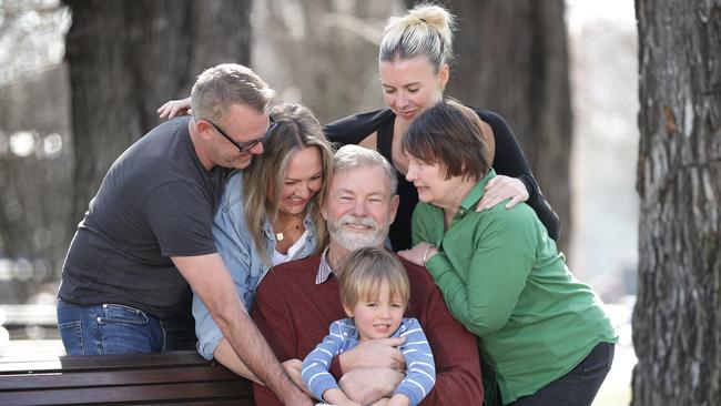 Neil Balme with son-in-law Mark daughters Kate and Georgia, wife Carmel Balme and grandson Sam. Picture: David Caird