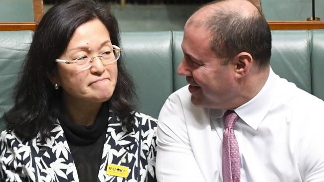 Liberal Member for Chisholm Gladys Liu and federal Treasurer Josh Frydenberg. Picture: AAP