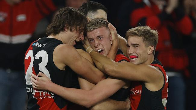 MELBOURNE, AUSTRALIAÃ June 23 , 2024.  AFL Round 15. Essendon vs West Coast Eagles at Marvel Stadium.   Nate Caddy of the Bombers celebrates a 2nd quarter goal   . Pic: Michael Klein