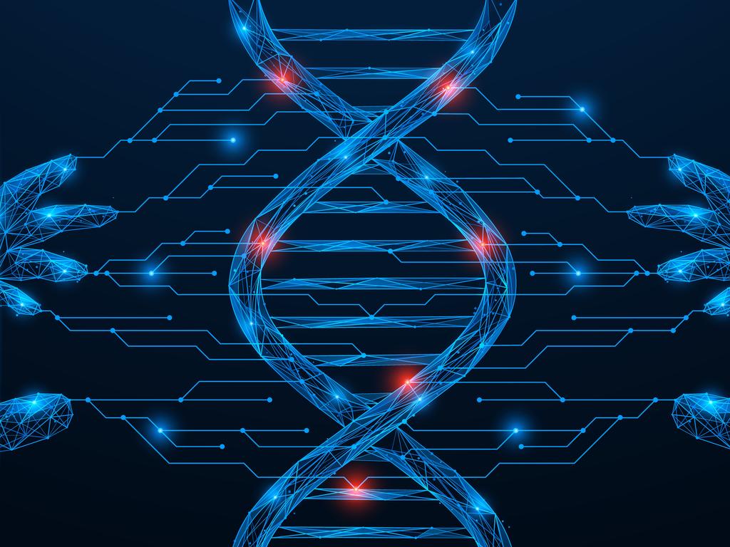 Virtual genetic analysis of the DNA helix structure. Polygonal design of lines and dots. Blue background.