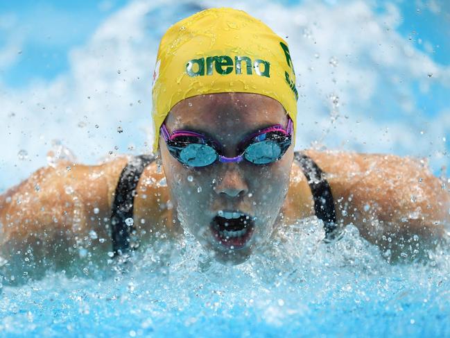 Emma McKeon competes in the mixed 4x100 medley final during the swimming competition at the 2017 FINA World Championships in Budapest, on July 26, 2017.  / AFP PHOTO / FRANCOIS XAVIER MARIT